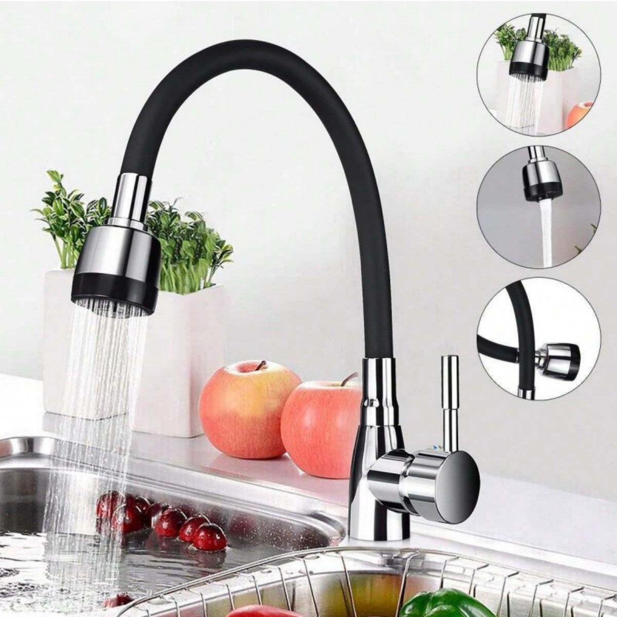 Premium Flexible Kitchen Faucet – Sleek Black & Chrome Design